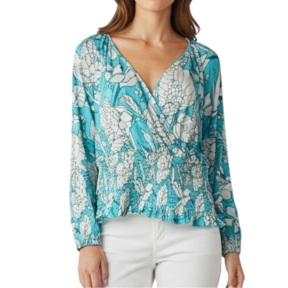 LANE BRYANT Vibrant Soft Stretch Floral Smocked Top in Teal/White Size 18/20